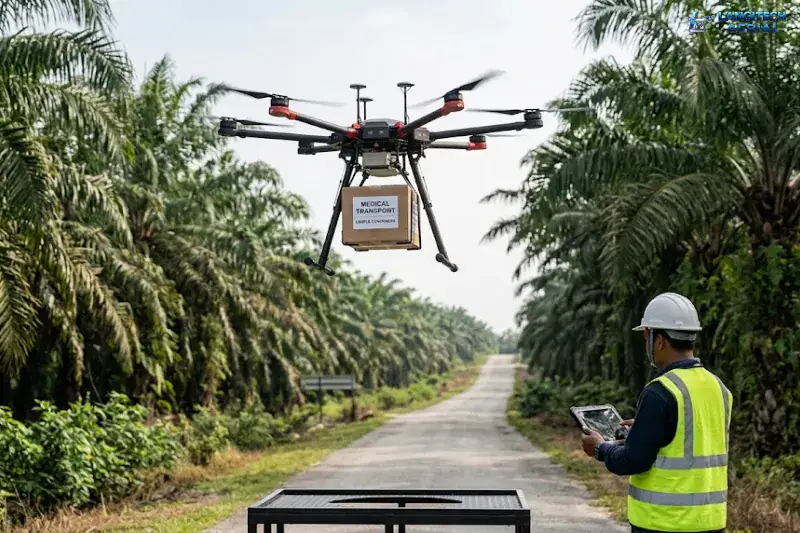 Drone delivery Malaysia operation transporting a small payload to a rural logistics destination