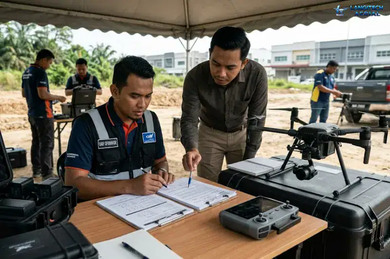Drone insurance Malaysia commercial operator reviewing liability documents beside enterprise drone equipment
