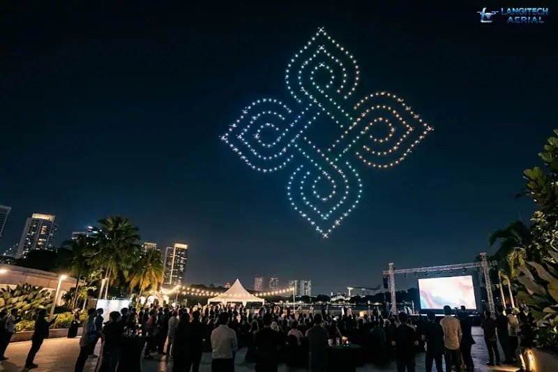 Drone light show Malaysia performance above an outdoor corporate event venue at night