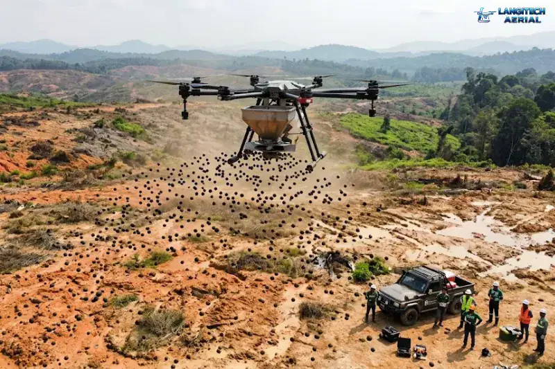 Drone reforestation Malaysia operation dispersing seed balls over degraded land for ecological restoration