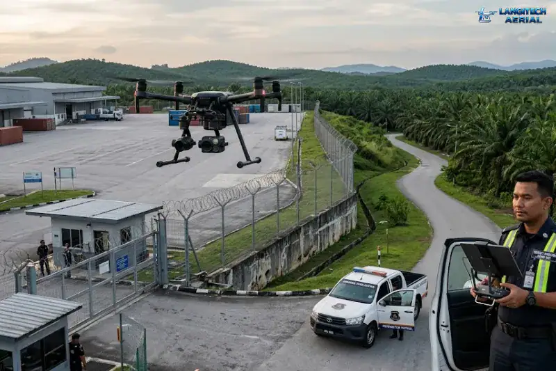 Drone security surveillance Malaysia operation monitoring a private industrial or plantation perimeter