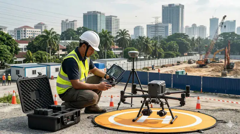 Professional drone services company Malaysia operator inspecting a commercial drone before a project deployment
