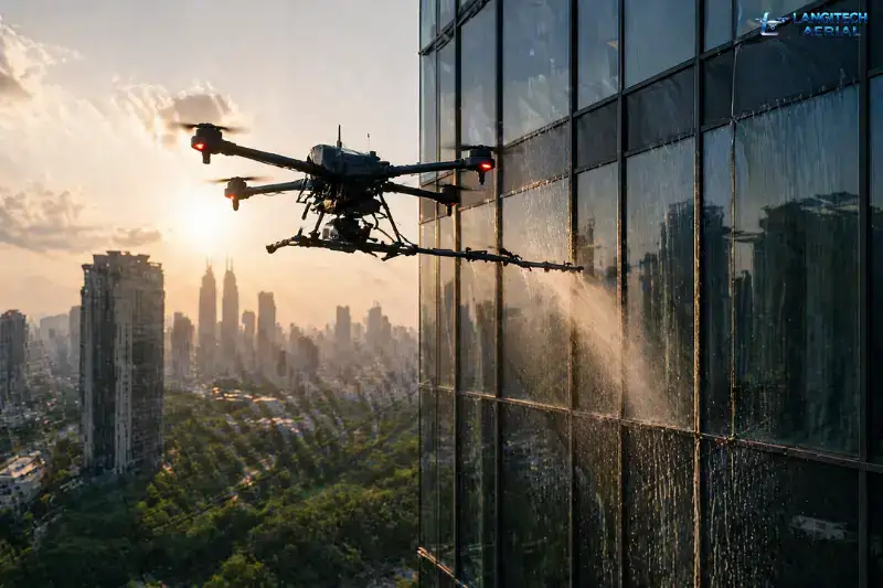 A professional cleaning drone spraying water mist on a glass high-rise building facade in Malaysia