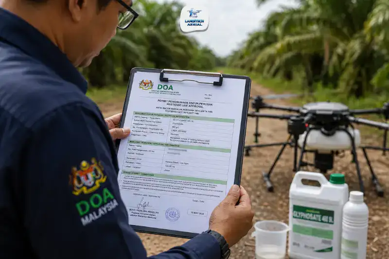Agronomist reviewing DOA approved pesticide list for drone spraying operations in Malaysia