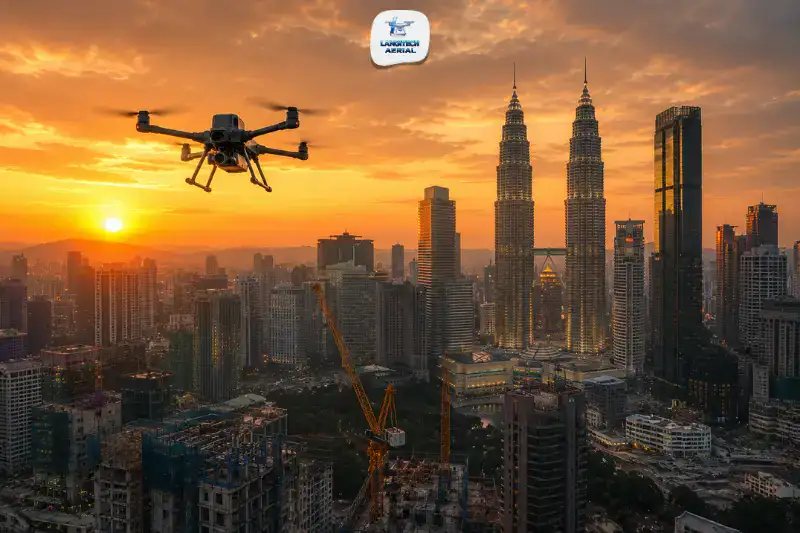 Professional drone flying over Kuala Lumpur skyline with KLCC Petronas Twin Towers visible in the background