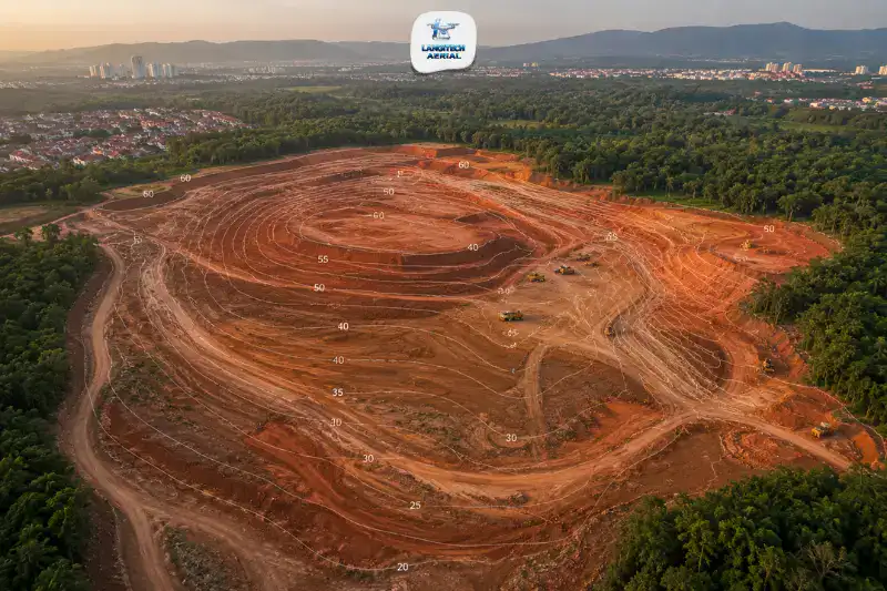 Aerial drone view of a Malaysian development site with topographic contour lines overlaid showing elevation data