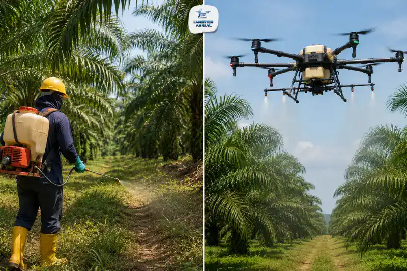 Split image comparing a manual sprayer worker and an agriculture drone spraying crops on a Malaysian plantation