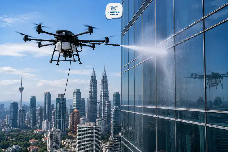 Professional cleaning drone applying soft-wash solution to a glass curtain wall high-rise building in Kuala Lumpur Malaysia