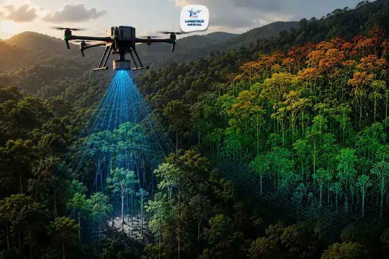 LiDAR drone surveying dense tropical forest in Malaysia, laser pulses penetrating tree canopy to capture ground terrain data