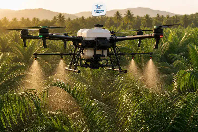 Heavy-payload drone spraying pesticide over a mature oil palm plantation in Malaysia