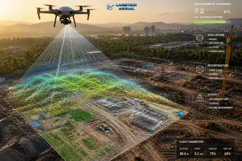 Drone performing photogrammetry survey over a construction site in Malaysia with orthomosaic map overlay