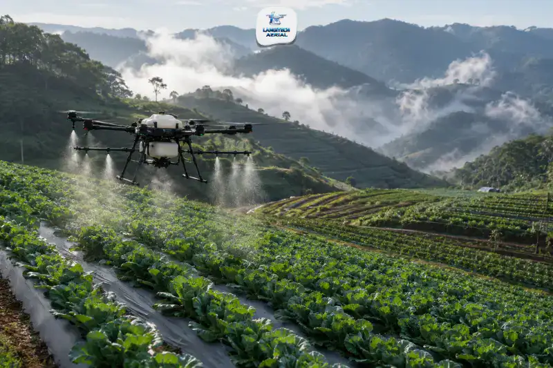 Agriculture drone spraying pesticide over terraced vegetable farmland in Cameron Highlands Malaysia