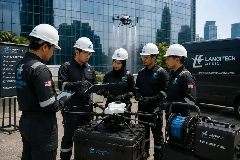 Professional drone cleaning company Malaysia team preparing equipment before a high-rise building cleaning operation