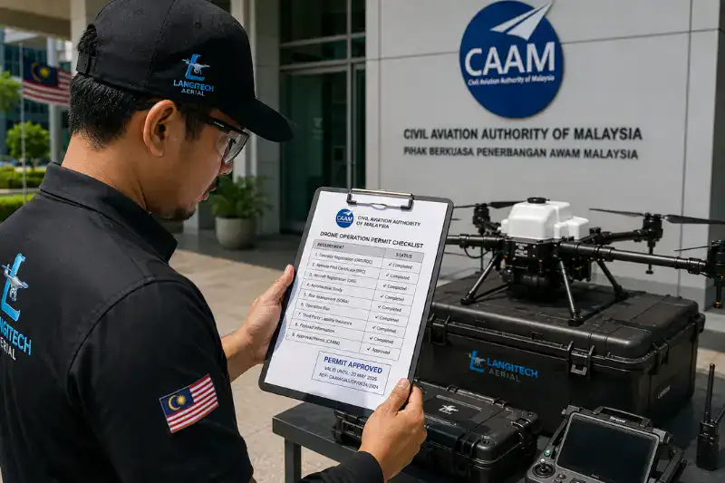 Drone operator reviewing CAAM permit requirements checklist for commercial drone operations in Malaysia 2026