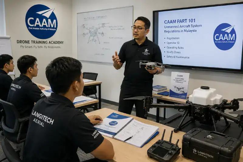 Malaysian drone pilot trainee attending RCoC-B certification course at a CAAM-approved training academy