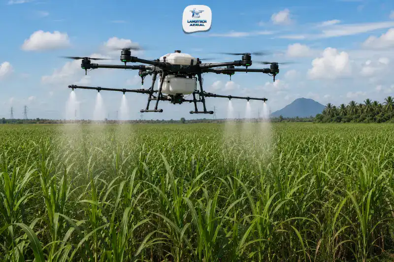 Agriculture drone spraying pesticide over a Malaysian sugarcane plantation with tall crop canopy