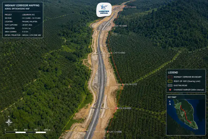 Aerial drone view of a Malaysian highway corridor showing cleared right-of-way zones and surrounding terrain