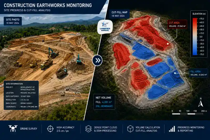 Colour-coded drone cut fill map of a Malaysian construction site showing cut zones in red and fill zones in blue with volume calculations