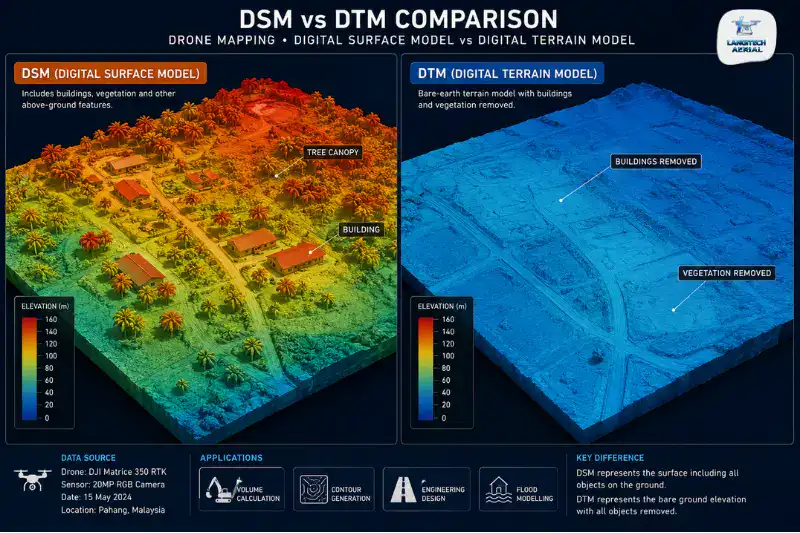 Side-by-side comparison of drone DTM bare-earth model and DSM surface model showing the difference in elevation representation for Malaysian engineering