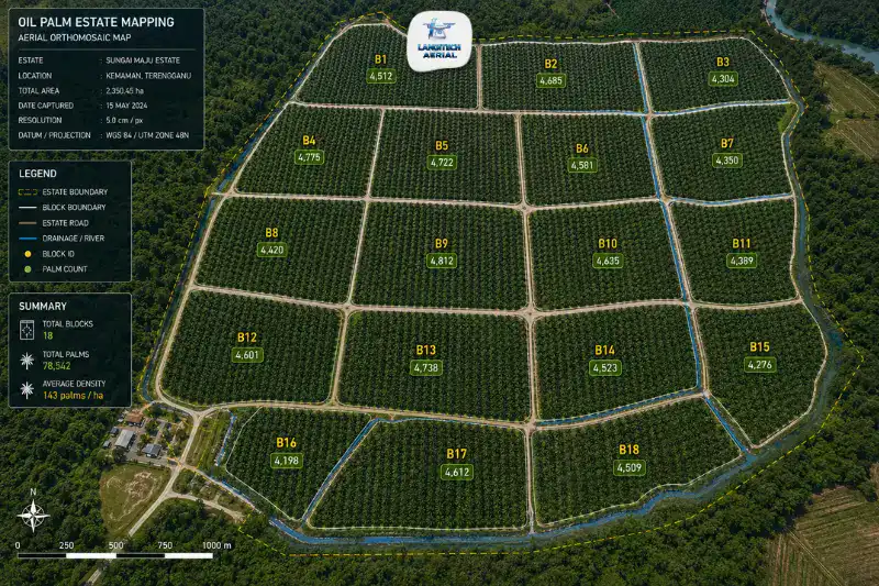 Aerial drone orthomosaic of a Malaysian oil palm estate showing block boundaries, palm rows, and road network for estate management