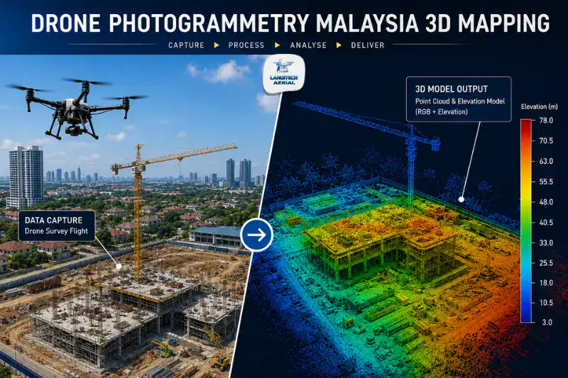 Drone flying over Malaysian construction site with corresponding 3D photogrammetry point cloud model output