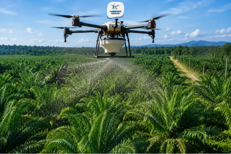 Agriculture drone with centrifugal spreader attachment broadcasting granular fertiliser over a Malaysian oil palm plantation