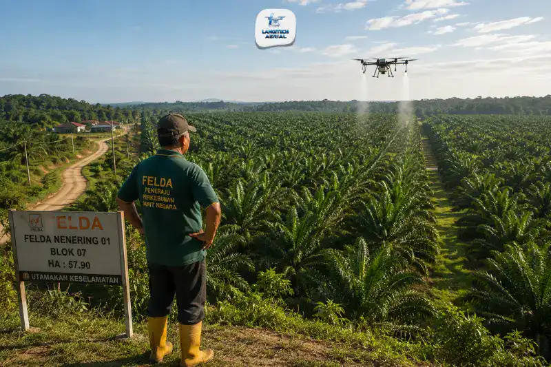 FELDA oil palm settler watching drone spray pesticide over his organised plantation block in a Malaysian FELDA scheme