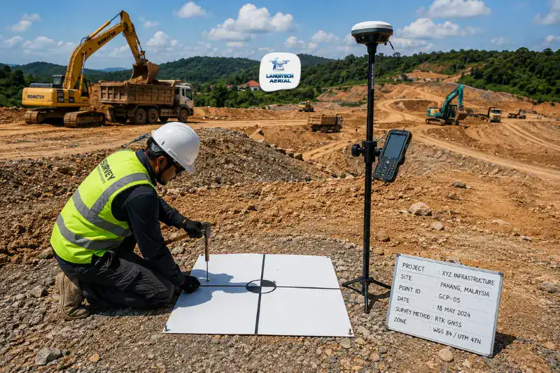 Drone survey operator setting up RTK ground control point target on Malaysian construction site for survey-grade accuracy