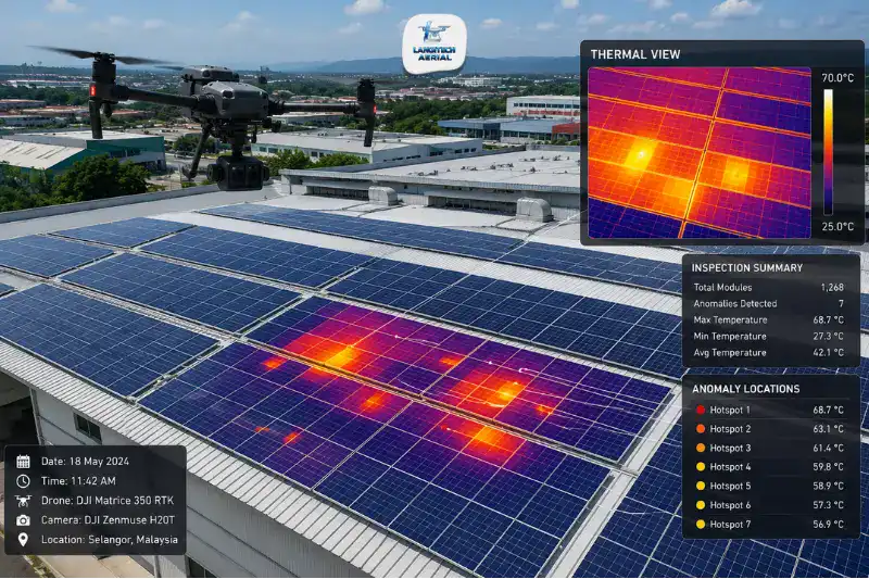Drone with thermal camera flying over Malaysian commercial building solar panels showing hotspot detection overlay