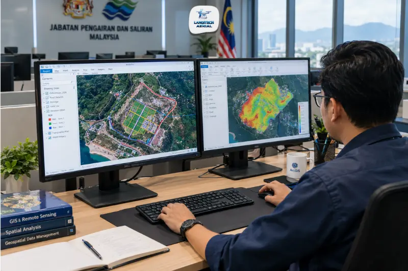 GIS analyst viewing drone survey orthomosaic integrated into ArcGIS platform showing Malaysian infrastructure and land use layers