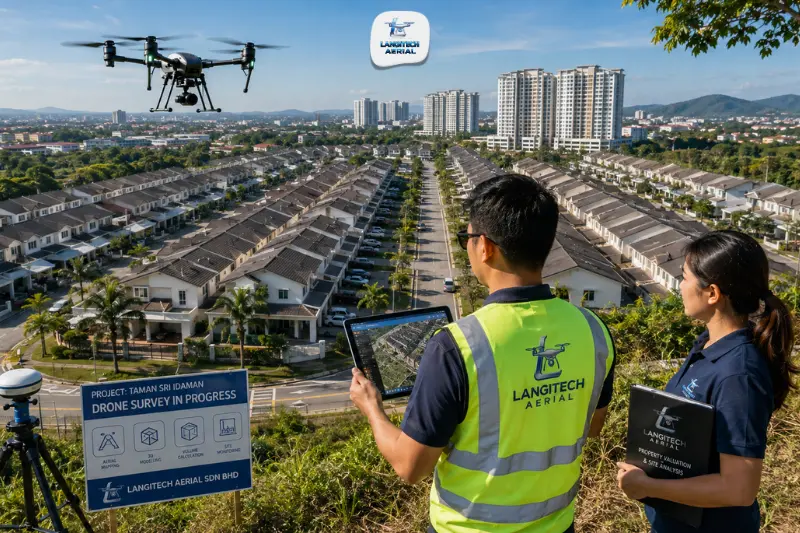 Drone conducting property survey over Malaysian residential development with estate agent reviewing aerial imagery on tablet