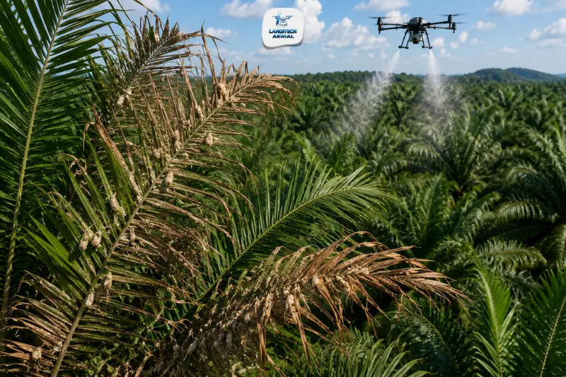 Agriculture drone spraying insecticide over Malaysian oil palm plantation showing bagworm-damaged fronds with silken cases visible