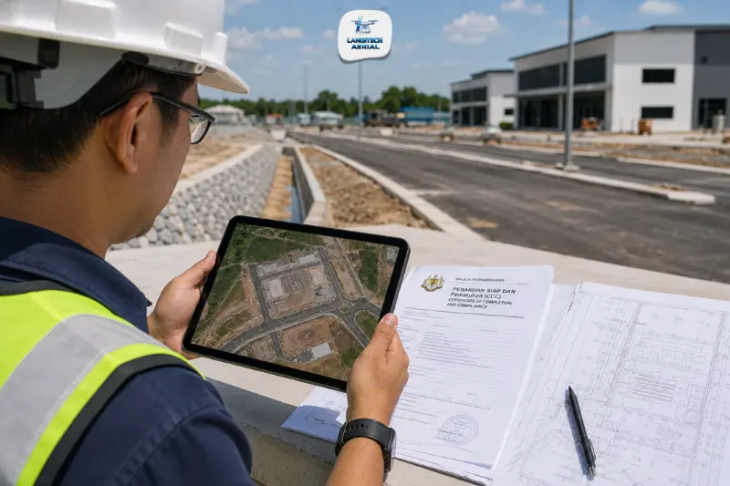 Engineer reviewing drone as-built survey orthomosaic on tablet at completed Malaysian construction site comparing against approved plans for CCC certification
