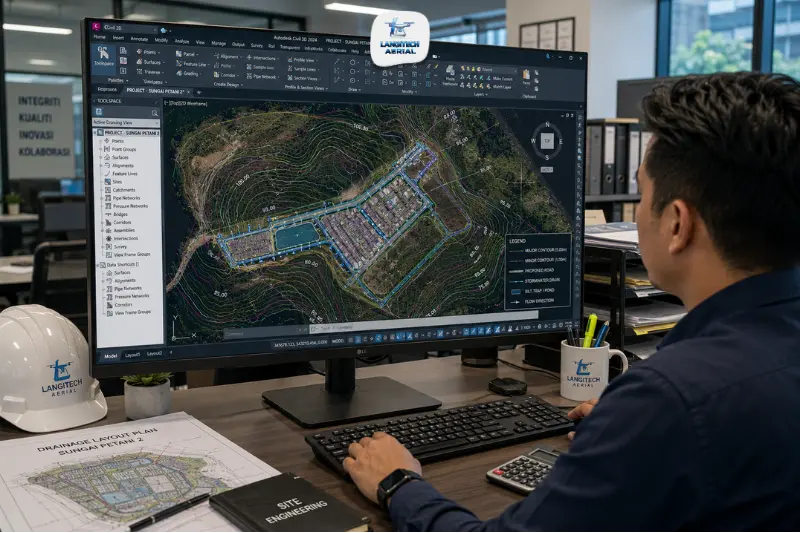 Civil engineer reviewing drone contour map in AutoCAD Civil 3D showing contour lines and drainage design for Malaysian construction site