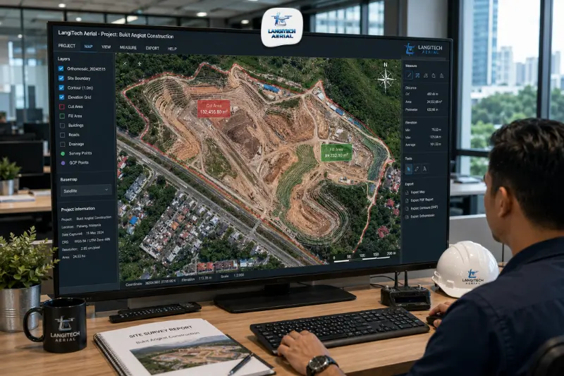 High-resolution drone orthomosaic of a Malaysian construction site displayed on engineering workstation with GIS measurement overlays
