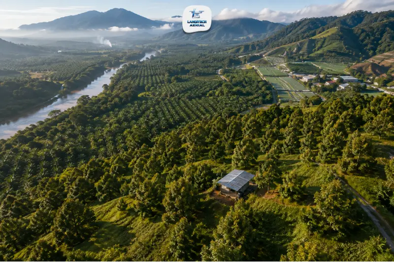 Aerial drone view over Pahang Malaysia showing oil palm estates, highland farms, and river corridor landscape