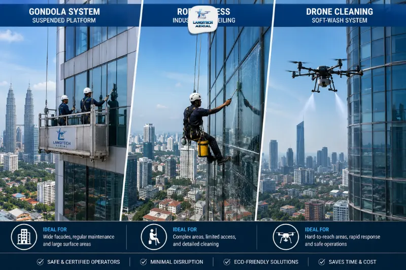 Comparison of high rise cleaning methods in Malaysia showing gondola, rope access abseiling, and drone cleaning systems on building facades