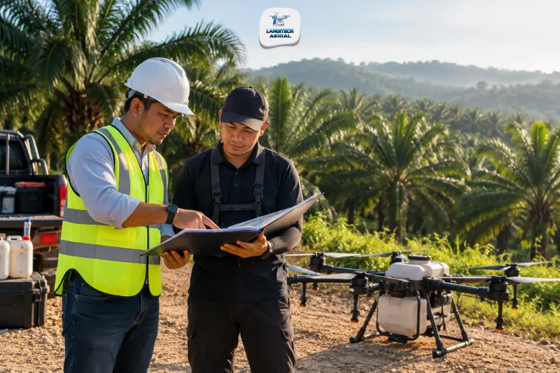 Site manager and drone operator reviewing documents beside a drone at a Malaysian worksite before a job