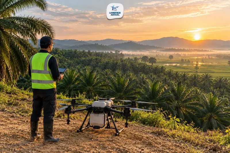 Drone operator beside an agricultural spray drone at the edge of a Malaysian oil palm plantation at sunrise
